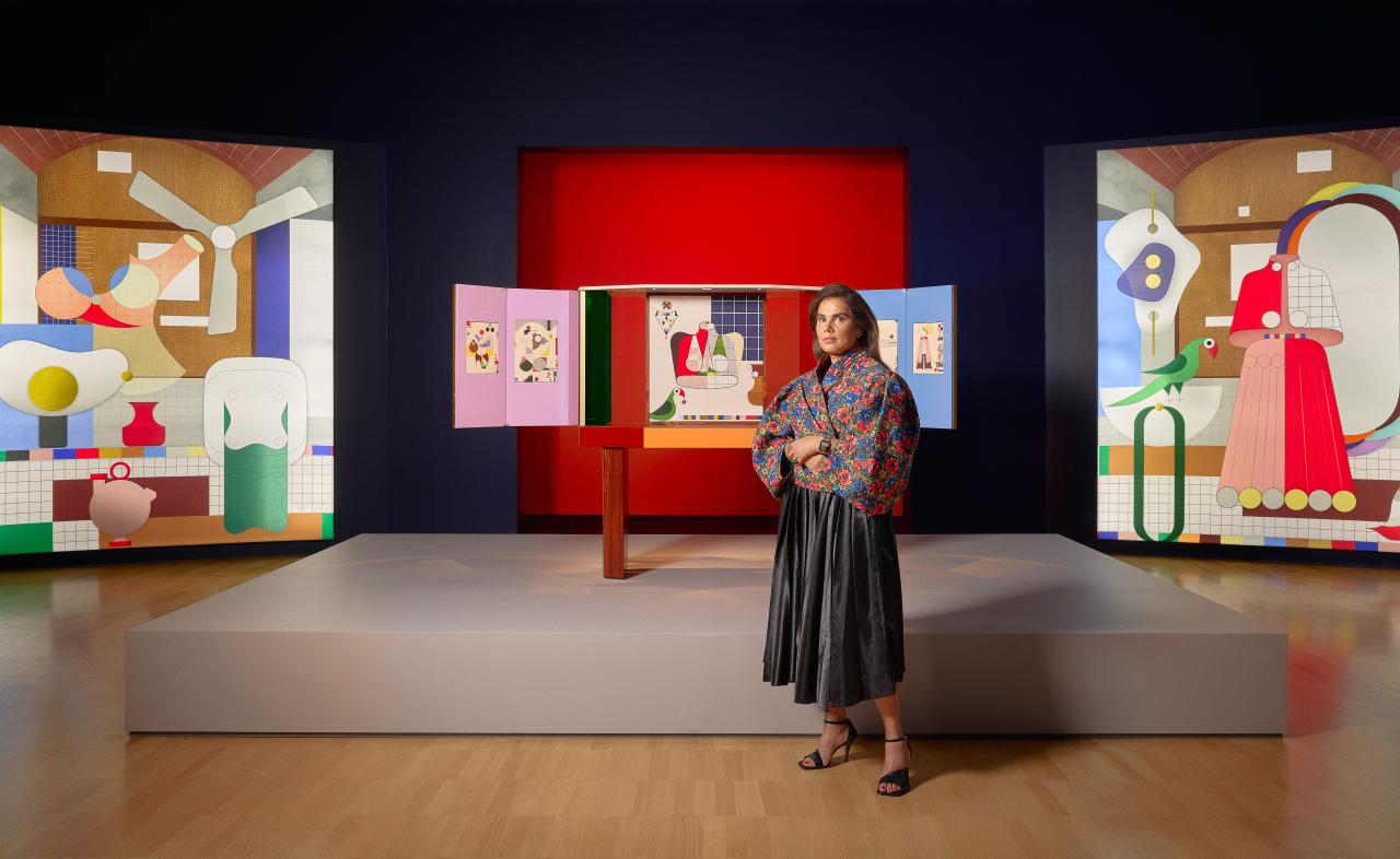Portrait of Nipa Doshi with her work <em>A Room Of My Own</em>, 2025 on display at NGV International for the 2025 MECCA x NGV Women in Design Commission until 1 April 2026. Photo: Derek Swalwell<br/>