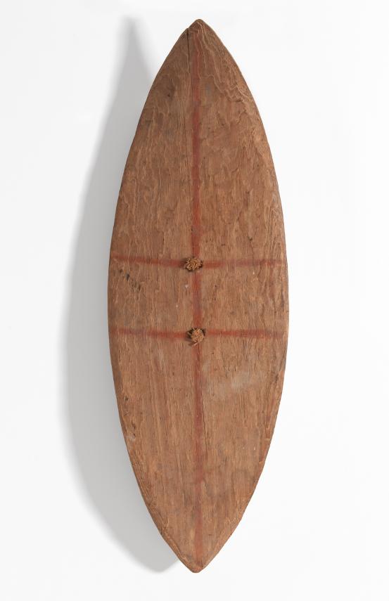 Unknown<br/>
<em>Shield</em> (c. 1800) <!-- (front view) --><br />

wood, cane, earth pigments<br />
88.0 x 28.9 x 6.9 cm<br />
National Gallery of Victoria, Melbourne<br />
Felton Bequest, 2011<br />
2011.137<br />

<!--89199--><br/><a class="col-link block" href="/explore/collection/work/89199"><strong>Collection page <i class="fa fa-angle-right"></i></strong></a>