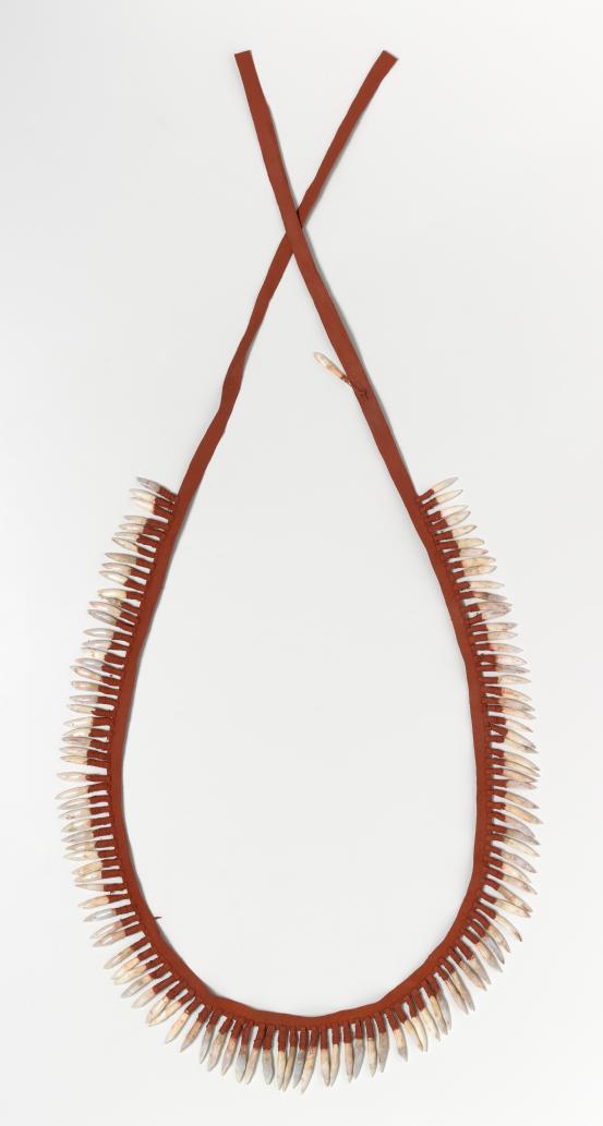 Maree Clarke<br />
 Leonard Tregonning<br/>
<em>Thung-ung Coorang (Kangaroo teeth necklace)</em> 2013 <!-- (front view) --><br />

kangaroo teeth, leather, sinew, earth pigment<br />
66.5 x 39.0 x 1.0 cm<br />
National Gallery of Victoria, Melbourne<br />
Purchased, Victorian Foundation for Living Australian Artists, 2014<br />
2014.660<br />
© Maree Clarke / Licensed by Copyright Agency, Australia
<!--108729--><br/><a class="col-link block" href="/explore/collection/work/108729"><strong>Collection page <i class="fa fa-angle-right"></i></strong></a>