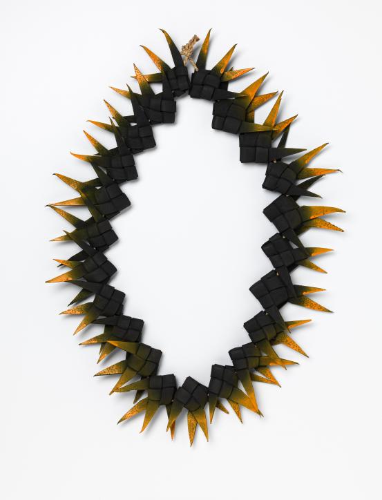 Rion Savage<br/>
<em>Sai (Fish fence)</em> 2017 <!-- (front view) --><br />

synthetic foam, natural fibre, spray paint<br />
60.0 x 37.5 x 3.5 cm (variable)<br />
National Gallery of Victoria, Melbourne<br />
Purchased, Victorian Foundation for Living Australian Artists, 2018<br />
2018.18<br />
&copy; Rion Savage
<!--127436-->