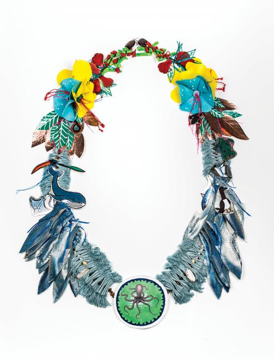 Mary Kaigey<br />
 Rita Lui<br />
 Helen Mabo<br />
 Garee Kaigey<br />
 Helen Dick<br />
 Delina Noah<br />
 Beverley Mabo<br />
 Segar Passi<br/>
<em>Messiah Luzab Lera Kaubo Arsir II (The whole island of Mer, making things, making lei II)</em> 2017 <!-- (front view) --><br />

synthetic polymer paint on canvas, synthetic thread, synthetic wadding, synthetic fabric, wing seeds, shells, plastic, synthetic ribbon, copper, painted copper, painted metal, wood, nylon cord, painted plastic, coral, kulap seeds, steel, wongai seeds<br />
155.0 x 95.0 x 10.5 cm (variable)<br />
National Gallery of Victoria, Melbourne<br />
Purchased, Victorian Foundation for Living Australian Artists, 2018<br />
2018.26<br />
© The artists. Photo: Michael Marzik
<!--127439--><br/><a class="col-link block" href="/explore/collection/work/127439"><strong>Collection page <i class="fa fa-angle-right"></i></strong></a>