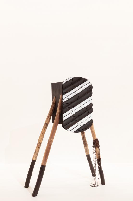 Marep Pamle (art collective)<br />
 Robert Meddy Kaigey<br />
 James Blanco<br />
 Helen Dick<br />
 John Tabo<br/>
<em>Koki, cabinet</em> 2019 <!-- (front view) --><br />

Bamboo (bambusa vulgaris), Poplar plywood (Populus sp.), synthetic polymer paint, seeds<br />
(a-b) 164.0 x 61.0 x 130.0 cm (overall)<br />
National Gallery of Victoria, Melbourne<br />
Purchased NGV Foundation, 2020<br />
2020.113.a-b<br />
&copy; the artists, courtesy of Gabi Titui Cultural Centre
<!--141387-->
