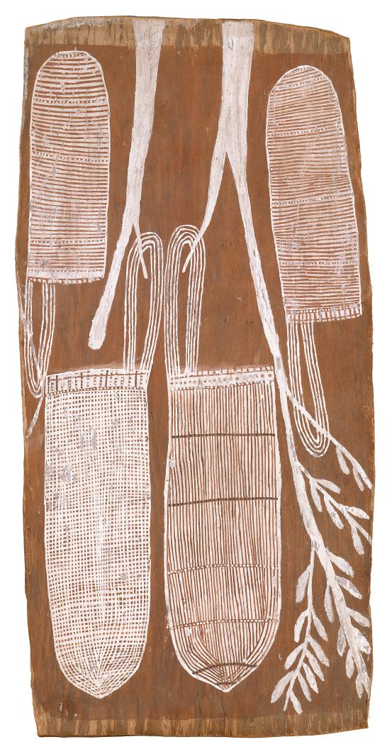 Wally Mandarrk<br/>
<em>Kunyirrk (Dilly bags)</em> (c. 1970) <!-- (recto) --><br />

earth pigments on Stringybark (Eucalyptus sp.)<br />
82.6 x 40.2 cm<br />
National Gallery of Victoria, Melbourne<br />
Gift of Judith Ryan, 1990<br />
O.16-1990<br />
&copy;Wally Mandarrk/Licensed by Copyright Agency, Australia
<!--2532-->