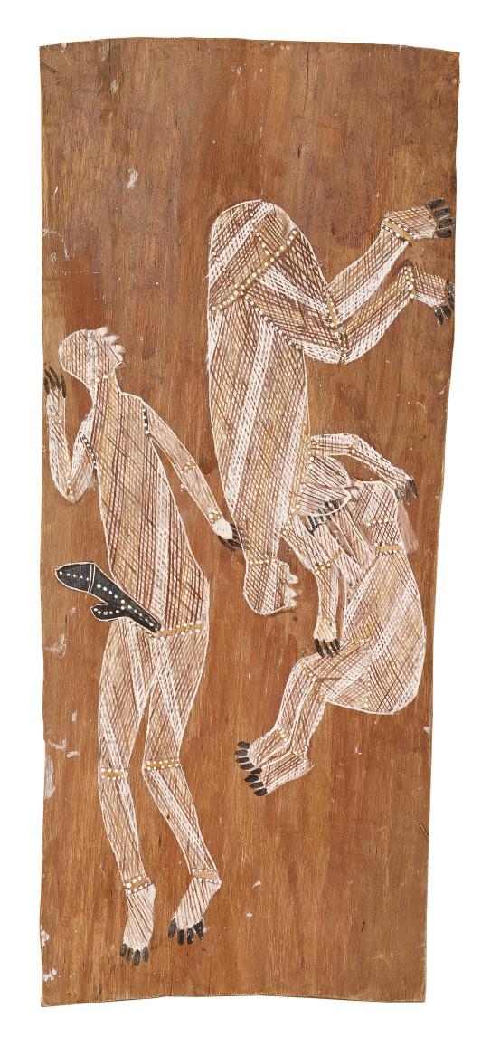 Wally Mandarrk<br/>
<em>Mimih spirits and human reproduction III</em> 1985 <!-- (recto) --><br />

earth pigments on Stringybark (Eucalyptus sp.)<br />
100.3 x 42.6 cm<br />
National Gallery of Victoria, Melbourne<br />
Purchased with the assistance of Geoff Todd, 1990<br />
O.136-1990<br />
&copy;Wally Mandarrk/Licensed by Copyright Agency, Australia
<!--2665-->