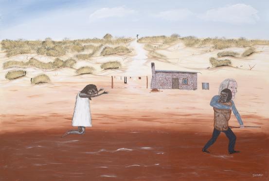 John Packham<br/>
<em>Petin - to abduct, steal</em> 1999 <!-- (recto) --><br />

synthetic polymer paint on canvas<br />
117.7 x 175.5 cm<br />
National Gallery of Victoria, Melbourne<br />
Purchased, 1999<br />
1999.332<br />
© John Packham
<!--66272--><br/><a class="col-link block" href="/explore/collection/work/66272"><strong>Collection page <i class="fa fa-angle-right"></i></strong></a>