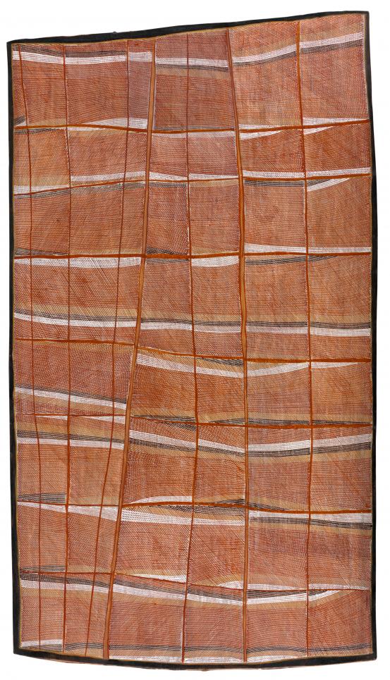 Kay Lindjuwanga<br/>
<em>Mardayin design</em> 2003 <!-- (recto) --><br />

earth pigments on Stringybark (Eucalyptus sp.)<br />
132.2 x 71.8 cm<br />
National Gallery of Victoria, Melbourne<br />
Purchased with funds donated by Supporters and Patrons of Indigenous Art, 2004<br />
2004.41<br />
&copy; Kay Linduwanga/Licensed by Copyright Agency, Australia
<!--75131-->