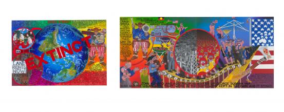 Gordon Hookey<br/>
<em>Sacred nation, scared nation, indoctrination</em> 2003 <!-- (recto) --><br />

oil on canvas<br />
(a-c) 183.0 x 640.0 cm (overall)<br />
National Gallery of Victoria, Melbourne<br />
Presented through the NGV Foundation by Juliette, Danielle and Georgina Jerums, Member, 2003<br />
2003.481.a-c<br />
© Gordon Hookey/Licensed by Copyright Agency, Australia
<!--74565--><br/><a class="col-link block" href="/explore/collection/work/74565"><strong>Collection page <i class="fa fa-angle-right"></i></strong></a>