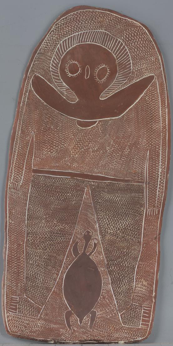 Lily Karadada<br/>
<em>Wanjina</em> 1991 <!-- (recto) --><br />

earth pigments on slate<br />
64.8 x 31.0 cm<br />
National Gallery of Victoria, Melbourne<br />
Purchased from Admission Funds, 1991<br />
O.231-1991<br />
© Lily Karadada (Mindindil)/Licensed by Copyright Agency, Australia
<!--1554--><br/><a class="col-link block" href="/explore/collection/work/1554"><strong>Collection page <i class="fa fa-angle-right"></i></strong></a>