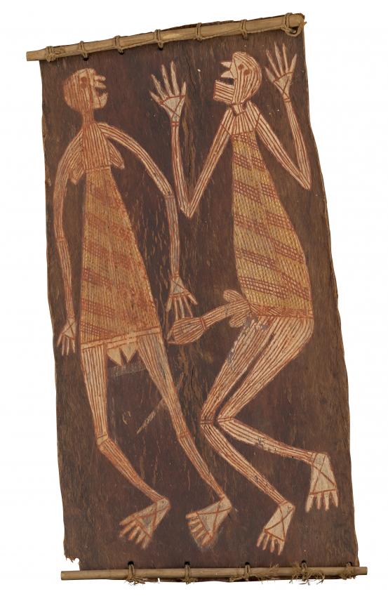 Paddy Compass Namadbara<br/>
<em>Namarnday spirits</em> (early 1960s) <!-- (recto) --><br />

earth pigments on Stringybark (Eucalyptus sp.)<br />
64.7 x 36.3 cm<br />
National Gallery of Victoria, Melbourne<br />
Presented through The Art Foundation of Victoria by Mr Ian Rogers, Member, 2000<br />
2000.220<br />
© The Artist/Licensed by Aboriginal Artists Agency Limited
<!--67215--><br/><a class="col-link block" href="/explore/collection/work/67215"><strong>Collection page <i class="fa fa-angle-right"></i></strong></a>