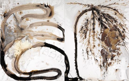 Clinton Naina<br/>
<em>Erub has a bitumen road now</em> 2004 <!-- (recto) --><br />

synthetic polymer paint, bitumen and enamel paint on canvas (diptych)<br />
(a-b) 152.2 x 244.0 cm (overall)<br />
National Gallery of Victoria, Melbourne<br />
Purchased with funds from the Victorian Foundation for Living Australian Artists, 2005<br />
2005.417.a-b<br />
© Clinton Nain
<!--78261--><br/><a class="col-link block" href="/explore/collection/work/78261"><strong>Collection page <i class="fa fa-angle-right"></i></strong></a>