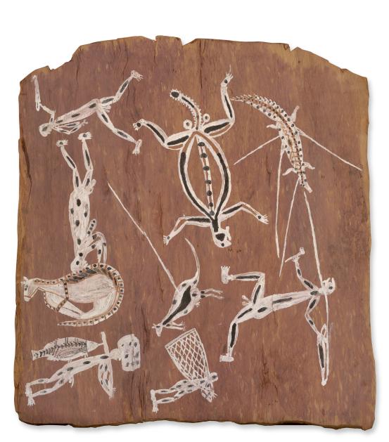 David Namirlmirl Mangiru<br/>
<em>Traditional hunting</em> 1952 <!-- (recto) --><br />

earth pigments on Stringybark (Eucalyptus sp.)<br />
59.1 x 54.2 cm<br />
National Gallery of Victoria, Melbourne<br />
Presented by the Department of the Interior, 1952<br />
1272-D4<br />
&copy; The Estate of David Namirlmirl Mangiru / Licensed by Aboriginal Artists Agency
<!--1861-->