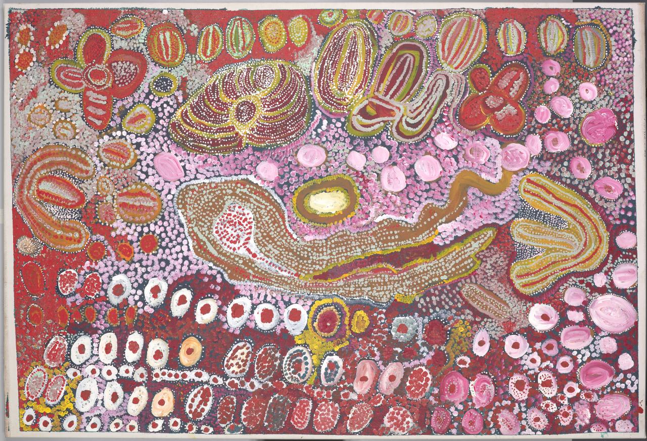 Wingu Tingima<br/>
<em>Minyma Tjuta (Seven Sisters)</em> 2006 <!-- (recto) --><br />

synthetic polymer paint on canvas<br />
138.0 x 205.0 cm<br />
National Gallery of Victoria, Melbourne<br />
Purchased with funds donated by Supporters and Patrons of Indigenous Art, 2006<br />
2006.356<br />
©Wingu Tingima/Licensed by Copyright Agency, Australia
<!--81466-->