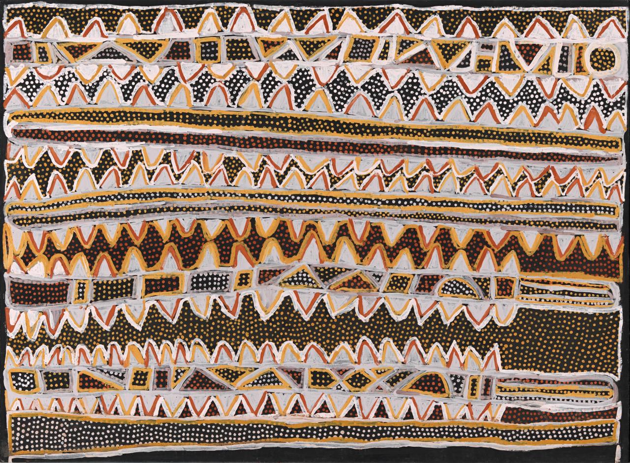 Jean Baptiste Apuatimi<br/>
<em>Jirtaka (Sawfish)</em> 2000 <!-- (recto) --><br />


earth pigments on canvas<br />
93.2 x 126.6 cm<br />


National Gallery of Victoria, Melbourne<br />
Gift of The Hon. Justice David Angel through the Australian Government’s Cultural Gifts Program, 2006<br />
2006.18<br />


© Jean Baptiste Apuatimi, licensed by Aboriginal Artists Agency
<!--79347-->