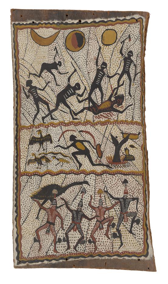 Goobalathaldin Dick Roughsey<br/>
<em>The man in the moon</em> 1965 <!-- (recto) --><br />

earth pigments on bark<br />
78.8 x 43.6 cm<br />
National Gallery of Victoria, Melbourne<br />
Purchased through The Art Foundation of Victoria with the assistance of Coles Myer Ltd, Governor, 1997<br />
1997.361<br />
&copy; Goobalathaldin (Dick Roughsey)/Licensed by Copyright Agency, Australia
<!--60590-->