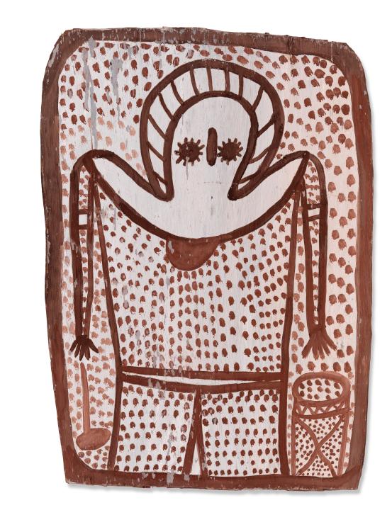 Rosie Karadada<br/>
<em>Wanjina</em> 1991 <!-- (recto) --><br />

earth pigments on Stringybark (Eucalyptus sp.)<br />
72.0 x 52.1 cm<br />
National Gallery of Victoria, Melbourne<br />
Purchased from Admission Funds, 1991<br />
O.233-1991<br />
&copy; Rosie Karadada/Licensed by Copyright Agency, Australia
<!--1556-->