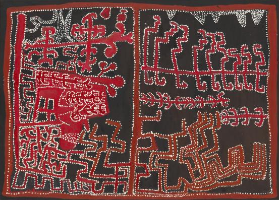 Kunmanara Tjukangku<br/>
<em>Punu trees</em> 2011 <!-- (recto) --><br />

synthetic polymer paint on canvas<br />
139.3 x 99.1 cm (image)<br />
National Gallery of Victoria, Melbourne<br />
Purchased, NGV Supporters of Indigenous Art, 2011<br />
2011.106<br />
© The estate of Whiskey Tjukangku/Licensed by Copyright Agency, Australia
<!--99038--><br/><a class="col-link block" href="/explore/collection/work/99038"><strong>Collection page <i class="fa fa-angle-right"></i></strong></a>