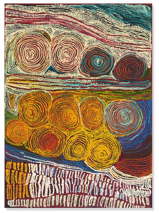 Kunmanara Giles<br/>
<em>Warmurrungu</em> 2011 <!-- (recto) --><br />

synthetic polymer paint on canvas<br />
207.7 x 149.1 cm<br />
National Gallery of Victoria, Melbourne<br />
Purchased, NGV Supporters of Indigenous Art, 2013<br />
2013.41<br />
© Nyarapayi Giles, courtesy of Tjarlirli art, Tjukurla
<!--106377--><br/><a class="col-link block" href="/explore/collection/work/106377"><strong>Collection page <i class="fa fa-angle-right"></i></strong></a>