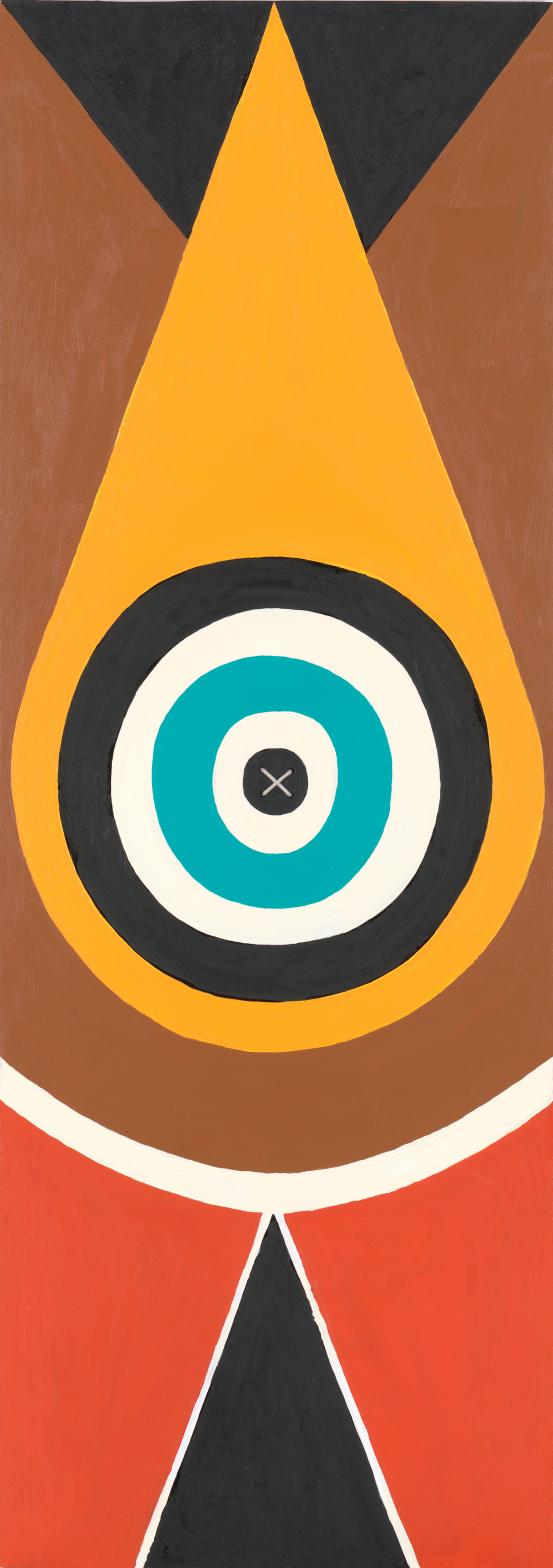 Eric Bridgeman<br/>
<em>Pig man/Pis mangi (Fish)</em> (2018) <!-- (recto) --><br />

enamel paint, synthetic polymer paint and cotton twine on plywood<br />
168.8 x 59.8 cm<br />
National Gallery of Victoria, Melbourne<br />
Purchased with funds donated by D&rsquo;lan Davidson, 2018<br />
2018.1494<br />
&copy; Eric Bridgeman, courtesy of Gallerysmith
<!--138321-->