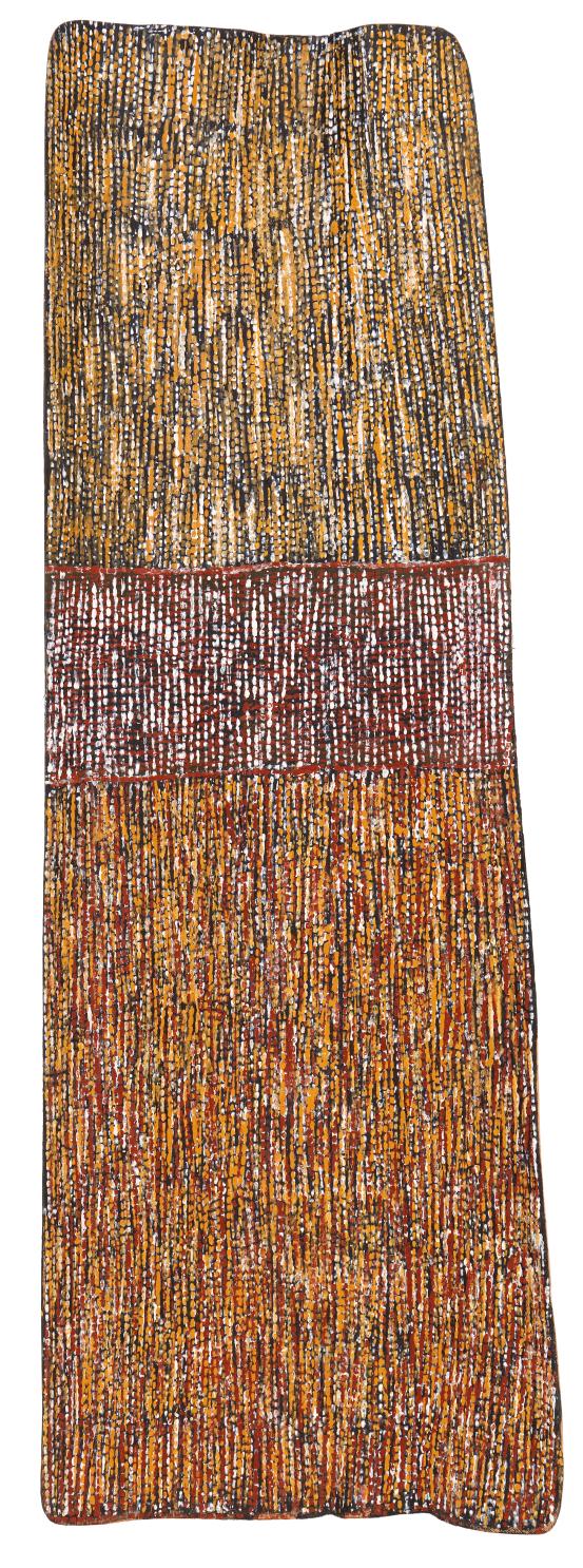 Kaye Brown<br/>
<em>Pwoja</em> 2019 <!-- (recto) --><br />

earth pigments on Stringybark (Eucalyptus sp.)<br />
92.0 x 33.0 cm<br />
National Gallery of Victoria, Melbourne<br />
Purchased with funds donated by Barbara Hay, 2019<br />
2019.1028<br />
&copy; Kaye Brown, courtesy Jilamara Arts/ Licensed by Copyright Agency, Australia
<!--142306-->