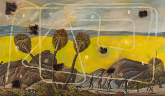 Christopher Pease<br/>
<em>Bidi Karta Werda (Path across)</em> 2018 <!-- (recto) --><br />

oil, resin and earth pigments on canvas<br />
170.0 x 290.0 cm<br />
National Gallery of Victoria, Melbourne<br />
Purchased, Victorian Foundation for Living Australian Artists, 2019<br />
2019.202<br />
© Courtesy of the artist 
<!--139447--><br/><a class="col-link block" href="/explore/collection/work/139447"><strong>Collection page <i class="fa fa-angle-right"></i></strong></a>