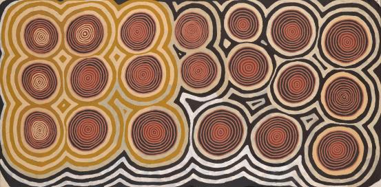 Ronnie Tjampitjinpa<br/>
<em>Papa dingo &ndash; near Kiwirrkurra</em> 1996 <!-- (recto) --><br />

synthetic polymer paint on canvas<br />
137.0 x 264.0 cm<br />
National Gallery of Victoria, Melbourne<br />
Gift of Steve Martin and Anne Stringfield, 2025<br />
2025.87<br />
&copy; Ronnie Tjampitjinpa, licensed by Aboriginal Artists Agency
<!--155171-->