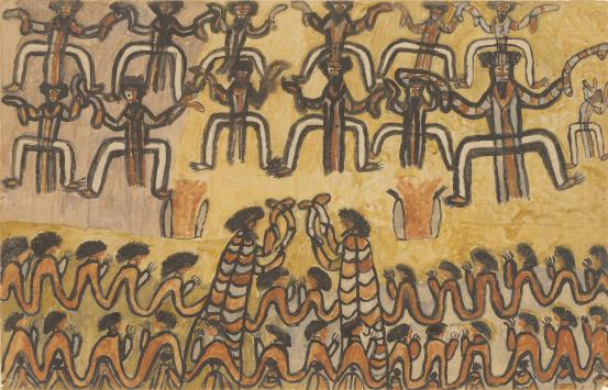 William Barak<br/>
<em>Ceremony</em> (1898) <!-- (recto) --><br />

pencil, wash, ground wash, charcoal solution, gouache and earth pigments on paper<br />
57.0 x 88.8 cm (image and sheet)<br />
National Gallery of Victoria, Melbourne<br />
Purchased, 1962<br />
1215B-5<br />

<!--30762--><br/><a class="col-link block" href="/explore/collection/work/30762"><strong>Collection page <i class="fa fa-angle-right"></i></strong></a>