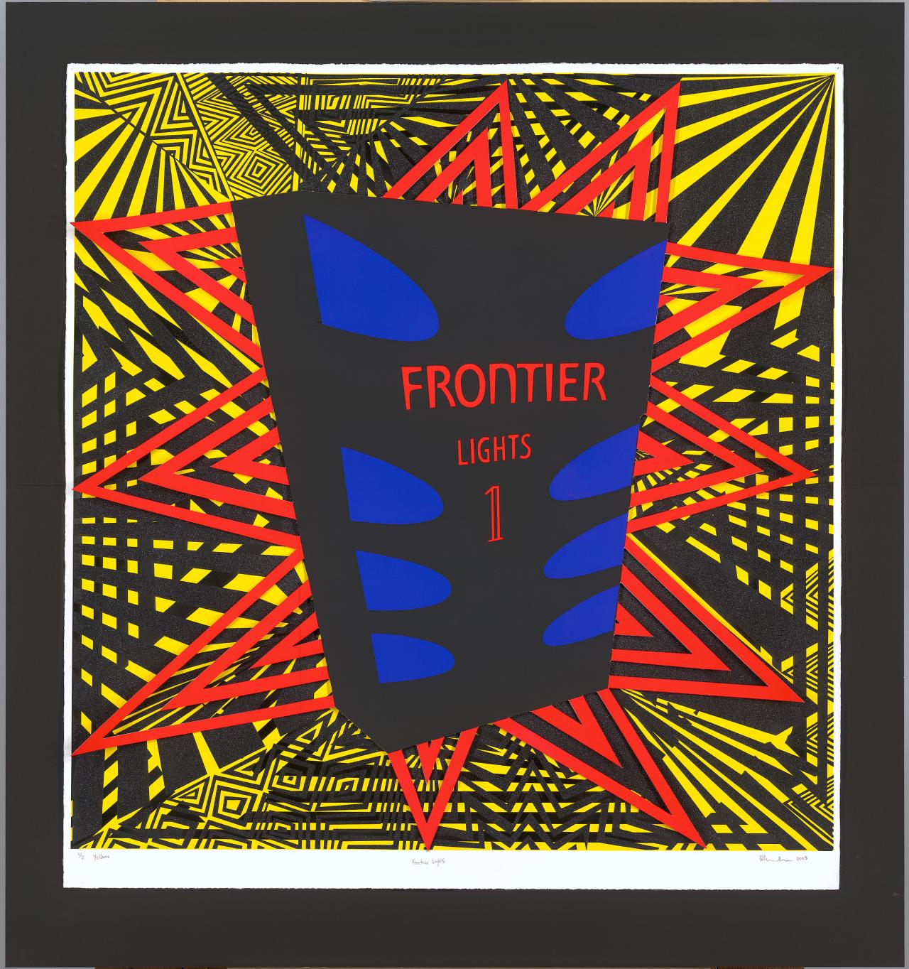 Brook ANDREW<br/>
<em>Frontier lights</em> 2005 <!-- (recto) --><br />
from the<i> Hope & Peace</i> series 2005<br />
colour screenprint, collage of cut paper, graphite and diamond dust<br />
100.2 x 98.0 cm (image) 106.4 x 100.0 cm (sheet)<br />
ed. 1/2<br />
National Gallery of Victoria, Melbourne<br />
Purchased with funds from the Victorian Foundation for Living Australian Artists, 2005<br />
2005.490<br />
© Brook Andrew/Copyright Agency, 2023
<!--78888-->