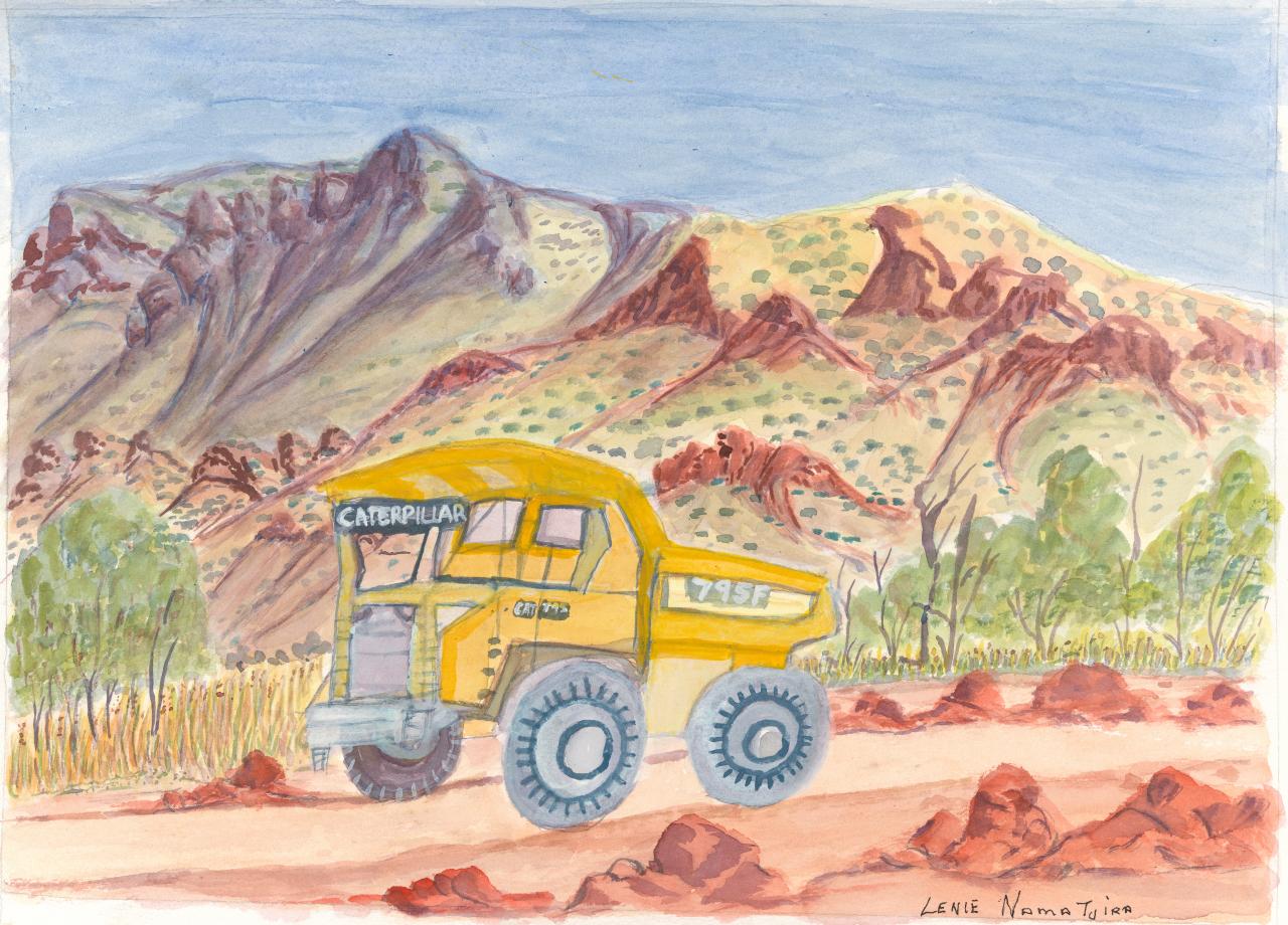 Lenie Namatjira<br/>
<em>A big hole in the ground</em> 2016 <!-- (recto) --><br />

watercolour over pencil<br />
27.1 x 38.1 cm irreg. (image) 27.1 x 36.8 cm irreg. (comp.) 28.0 x 38.5 cm irreg. (sheet)<br />
National Gallery of Victoria, Melbourne<br />
Purchased NGV Foundation, 2018<br />
2017.19<br />
© Lenie Namatjira/Licensed by Copyright Agency, Australia
<!--123242-->