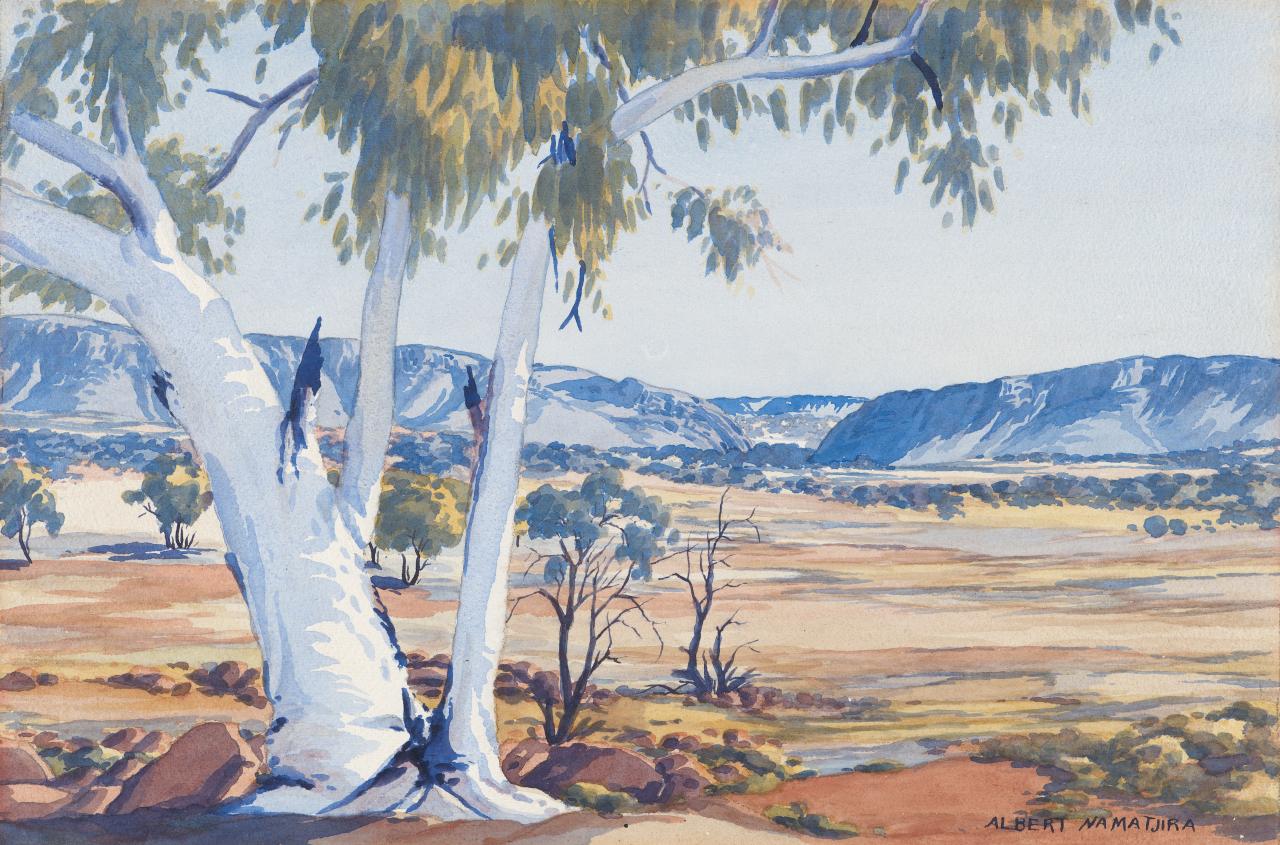 Albert Namatjira<br/>
<em>MacDonnell Ranges at Heavitree Gap</em> (early 1950s) <!-- (recto) --><br />

watercolour<br />
34.5 x 52.0 cm (sheet)<br />
National Gallery of Victoria, Melbourne<br />
Presented by Esso Australia Pty Ltd, 2018<br />
2018.1129<br />
© Namatjira Legacy Trust/Licensed by Copyright Agency, Australia
<!--135110-->