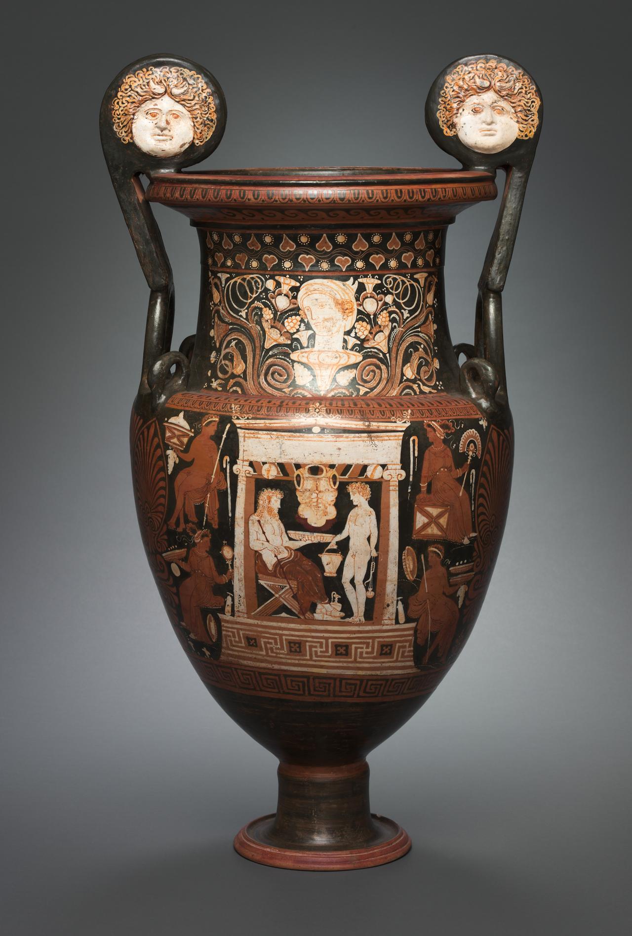 ITALY, Apulia<br />
 THE GANYMEDE PAINTER (attributed to)<br/>
<em>Volute krater (Apulian red-figure ware)</em> 330 BCE-320 BCE <!-- (front view) --><br />

earthenware<br />
88.7 x 49.6 x 41.7 cm<br />
National Gallery of Victoria, Melbourne<br />
Felton Bequest, 1969<br />
D88-1969<br />

<!--423-->