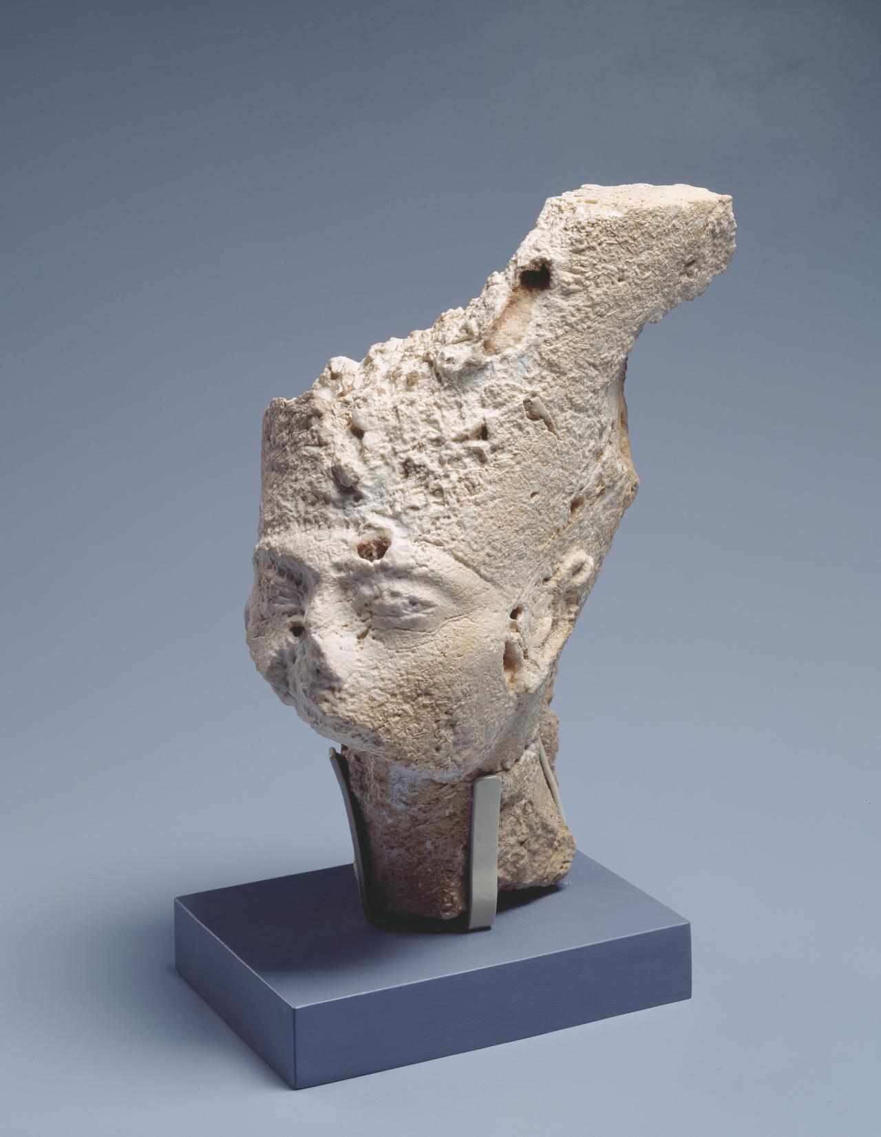 EGYPT, el-Amarna<br/>
<em>Head of Queen Nefertiti, from sculpture flanking Boundary Stela Q</em> 1353 BCE-1337 BCE <!-- (full view) --><br />

limestone<br />
34.3 x 21.0 x 20.5 cm (approx.)<br />
National Gallery of Victoria, Melbourne<br />
Presented by N. de Garis Davies, 1907<br />
616-D2<br />

<!--840-->