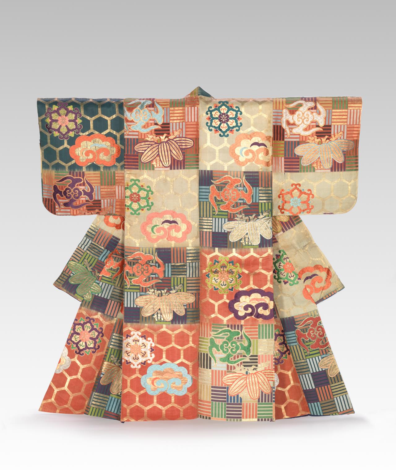 JAPANESE<br/>
<em>Noh theatre robe, Atsuita</em> (late 18th century-early 19th century) <!-- (back view) --><br />
<em>(Nōshōzoku Atsuita 能装束厚板)</em><br />
silk, gilt-paper, silk thread<br />
143.0 cm (centre back) 155.4 cm (cuff to cuff)<br />
National Gallery of Victoria, Melbourne<br />
Felton Bequest in honour of Allan Myers AO President of the Council of Trustees of the NGV, 2012<br />
2012.262<br />

<!--103382-->