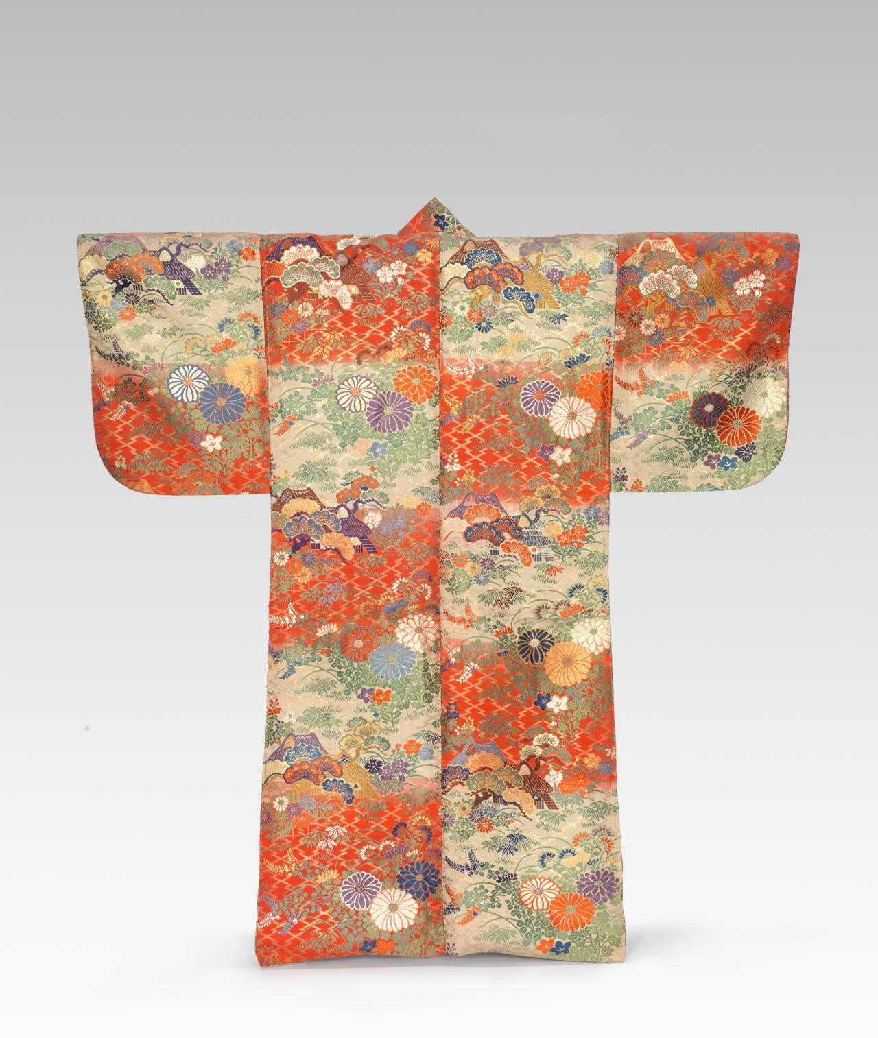 JAPANESE<br/>
<em>Noh theatre robe, Karaori</em> (1860-1890) <!-- (back view) --><br />
<em>(Nōshōzoku Karaori  能装束唐織)</em><br />
woven Silk<br />
<br />
National Gallery of Victoria, Melbourne<br />
Felton Bequest in honour of Allan Myers AO President of the Council of Trustees of the NGV, 2012<br />
2012.263<br />

<!--103385-->