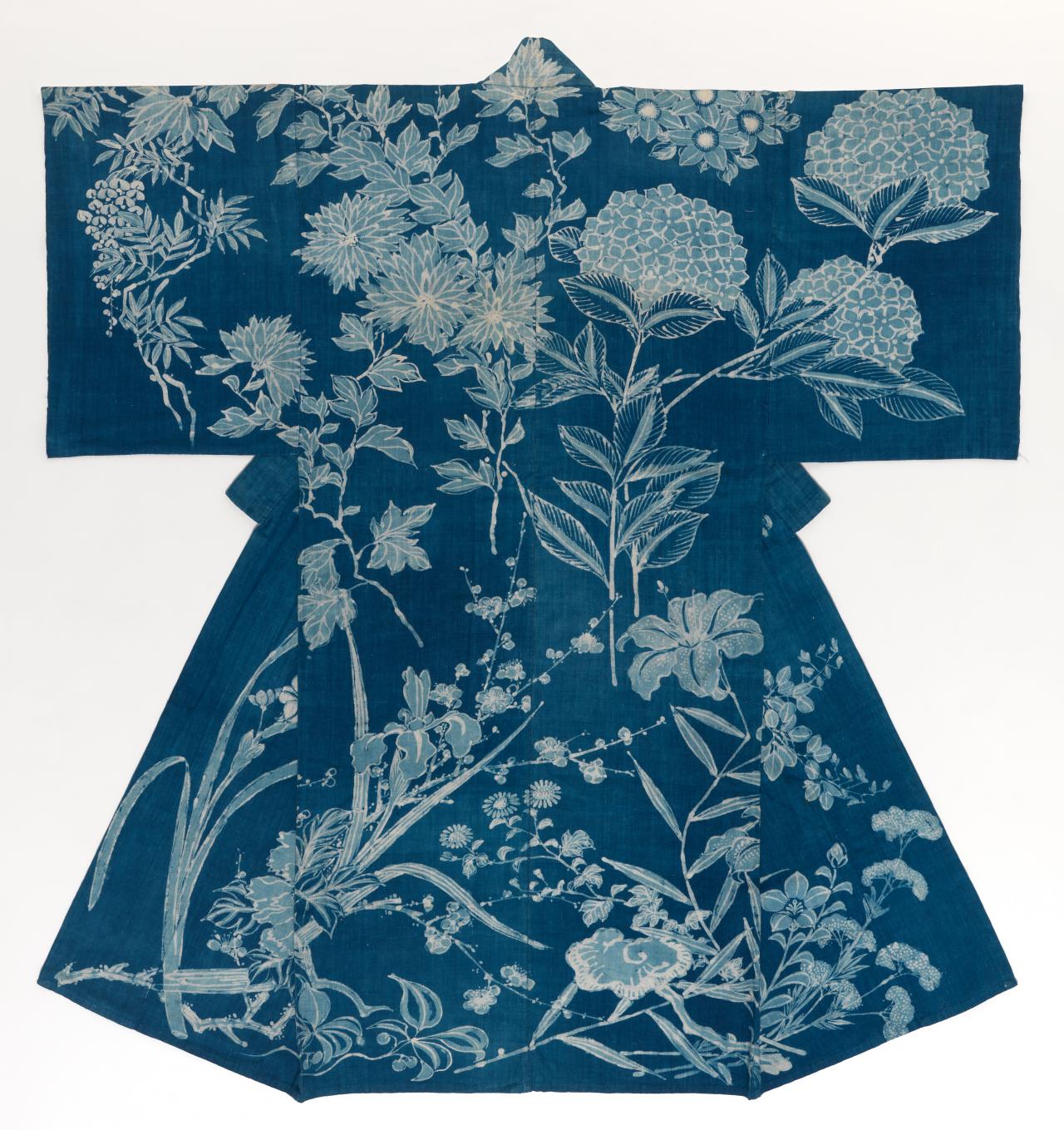 JAPANESE<br/>
<em>Summer kimono</em> Meiji period 1868-1912 <!-- (back) --><br />
<em>(Yukata)</em><br />
cotton<br />
147.4 cm (centre back) 130.5 cm (cuff to cuff)<br />
National Gallery of Victoria, Melbourne<br />
Purchased with funds donated by the Hon. Michael Watt QC and Cecilie Hall, 2013<br />
2013.696<br />

<!--107906-->