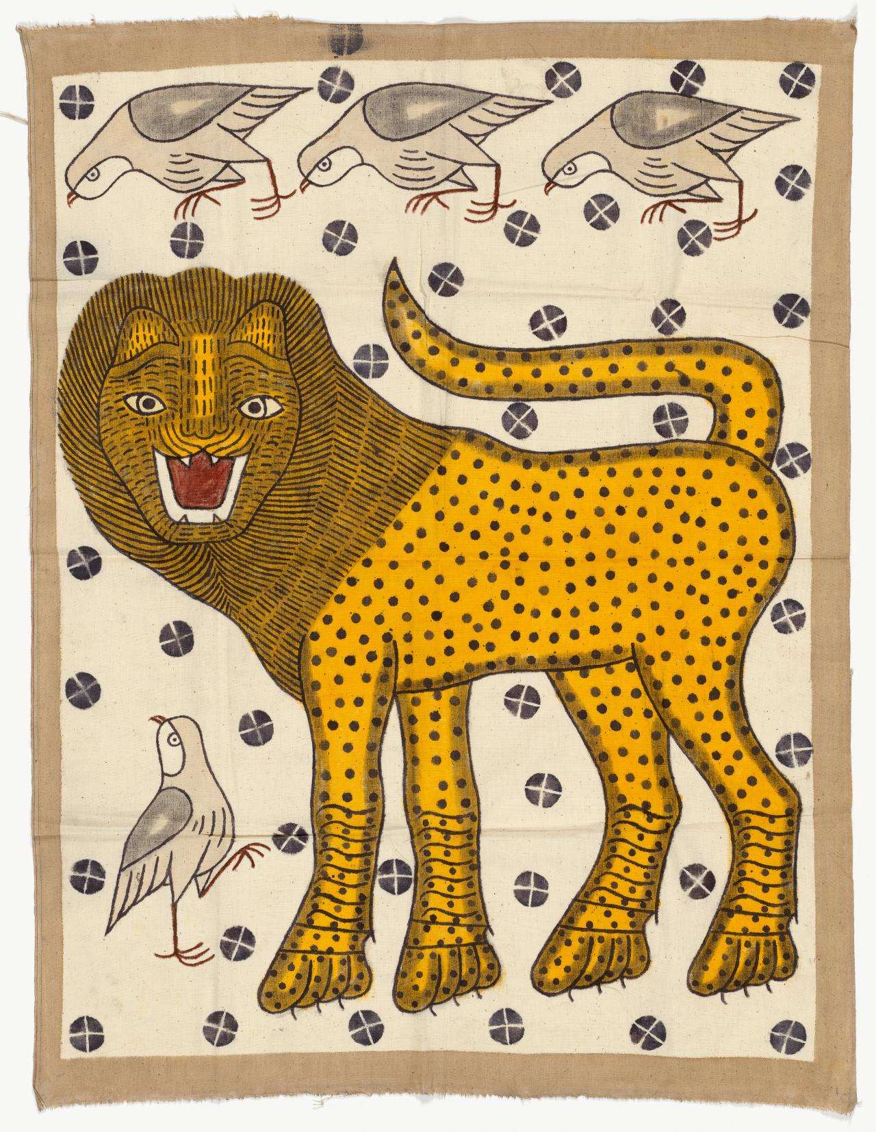 Haji Abdullah WAKIL ZADHAH and family<br/>
<em>Standing cheetah and partridges, Afghan hunting cloth</em> (c. 1970) <!-- (recto) --><br />
<em>(Chireh)</em><br />
Indian ink and coloured inks on cotton<br />
113.0 x 86.0 cm<br />
National Gallery of Victoria, Melbourne<br />
Gift of Leigh and Alexandra Copeland, 2018<br />
2018.1287<br />
© Haji Abdullah WAKIL ZADHAH and family
<!--136706-->