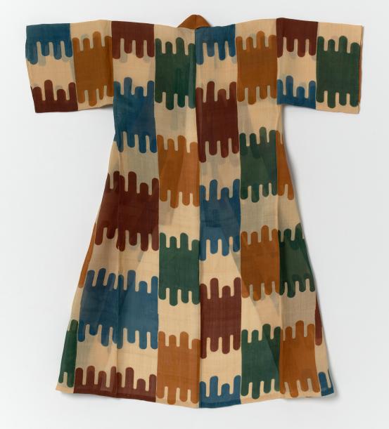Serizawa Keisuke<br/>
<em>Kimono with pattern imitating glaze dripping down the side of a jar (Kamedare mon kimono)</em> 1961 <!-- (view 1) --><br />

stencil-dyed banana-bark cloth, (abaca)<br />
155.0 x 130.0 cm<br />
National Gallery of Victoria, Melbourne<br />
Purchased with funds donated by Allan Myers AO and Maria Myers AO, 2015<br />
2015.408<br />
© Serizawa Keiko
<!--116359--><br/><a class="col-link block" href="/explore/collection/work/116359"><strong>Collection page <i class="fa fa-angle-right"></i></strong></a>