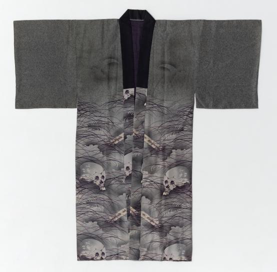 JAPANESE<br/>
<em>Men’s undergarment (nagajuban) with graveyard, skulls and crescent moon</em> c. 1930 <!-- (front) --><br />

silk, wool, cotton<br />
127.0 cm (centre back) 130.5 cm (cuff to cuff)<br />
National Gallery of Victoria, Melbourne<br />
Maureen Morrisey Bequest, 2018<br />
2017.1266<br />

<!--131428--><br/><a class="col-link block" href="/explore/collection/work/131428"><strong>Collection page <i class="fa fa-angle-right"></i></strong></a>