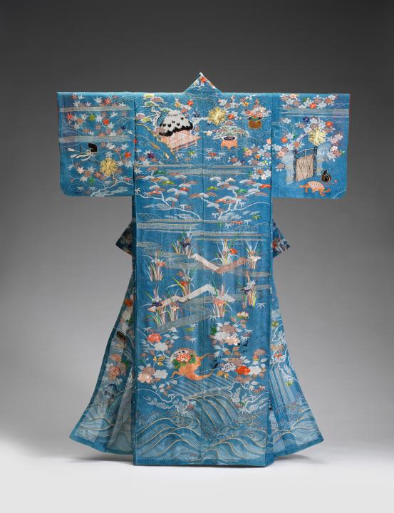 JAPANESE<br/>
<em>Hitoe kosode, kimono with themes alluding to eight Noh theatre plays</em> late Edo period  <!-- (view 3) --><br />

gauze satin silk, paste resist dye, embroidery, gold thread<br />
167.0 cm (centre back) 124.0 cm (cuff to cuff)<br />
National Gallery of Victoria, Melbourne<br />
Purchased with funds donated by Jennifer Lempriere and Michael Pithie, 2024<br />
2024.94<br />

<!--154710--><br/><a class="col-link block" href="/explore/collection/work/154710"><strong>Collection page <i class="fa fa-angle-right"></i></strong></a>