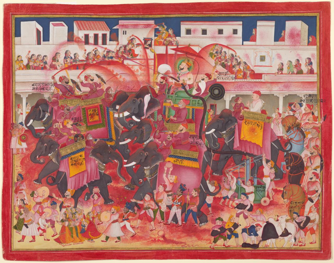 KISAN DAS<br/>
<em>Maharao Ram Singh II of Kotah and companions playing Holi on elephants in a street</em> (1844) <!-- (recto) --><br />

opaque watercolour and gold paint on paper<br />
48.7 x 66.8 cm (image) 54.3 x 69.2 cm (sheet)<br />
National Gallery of Victoria, Melbourne<br />
Felton Bequest, 1980<br />
AS51-1980<br />

<!--53408-->