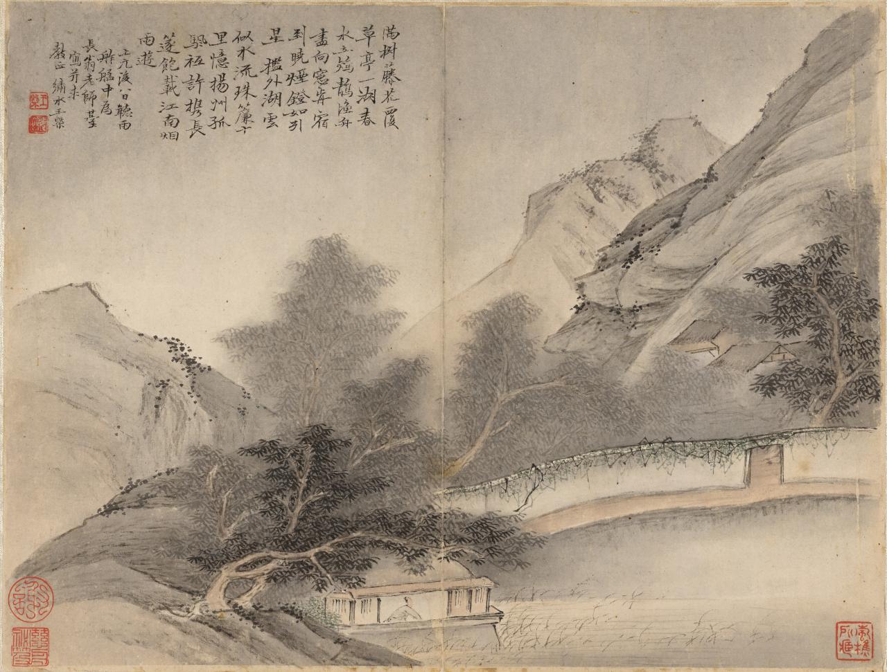 WANG Gai<br/>
<em>Landscape</em> (17th century) <!-- (page) --><br />

album: ink and pigment on paper, 12 leaves, silk and cardboard, glued concertina binding<br />
24.6 x 32.3 cm (image) 27.2 x 36.0 cm (page) 27.2 x 36.2 x 3.2 cm (closed) 54.4 x 36.2 cm (open)<br />
National Gallery of Victoria, Melbourne<br />
Gift of Kenneth Myer, 1976<br />
AS27-1976<br />

<!--53139-->