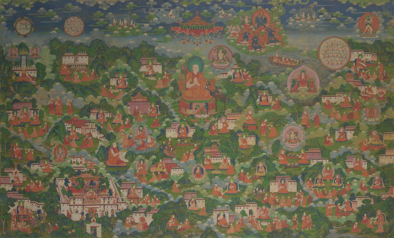 TIBETAN<br/>
<em>The life of Tsongkhapa</em> (18th century) <!-- (recto) --><br />

opaque watercolour and gold paint on cotton<br />
206.1 x 338.0 cm<br />
National Gallery of Victoria, Melbourne<br />
Gift of the O. F. Semler family in memory of O. F. Semler, 1955<br />
1533A-D4<br />

<!--53921-->