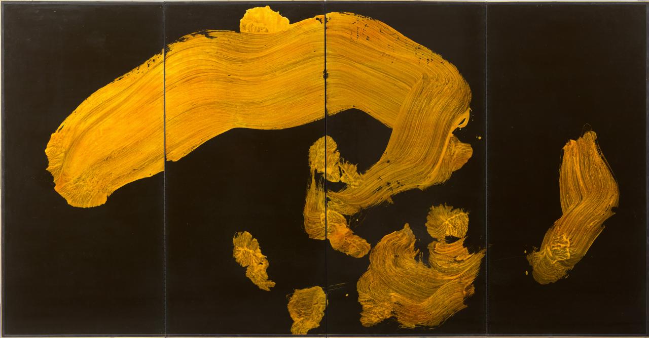 Morita SHIRYŪ<br/>
<em>Kanzan</em> (1969) <!-- (recto) --><br />

aluminium flake pigment and varnish/lacquer on paper, four panel folding screen<br />
162.0 x 310.0 cm (open) 162.0 x 78.5 x 8.5 cm (closed) 162.0 x 279.0x 38.5 cm (installed)<br />
National Gallery of Victoria, Melbourne<br />
Felton Bequest, 2025<br />
2025.7<br />
© Morita Estate
<!--154831-->