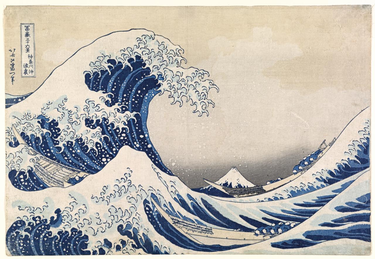 Katsushika HOKUSAI<br/>
<em>The great wave off Kanagawa</em> (c. 1830) <!-- (recto) --><br />
from the <i>Thirty-six views of Mt Fuji</i> series 1826-33<br />
colour woodblock<br />
25.7 x 37.7 cm (image and sheet)<br />
National Gallery of Victoria, Melbourne<br />
Felton Bequest, 1909<br />
426-2<br />

<!--22076-->