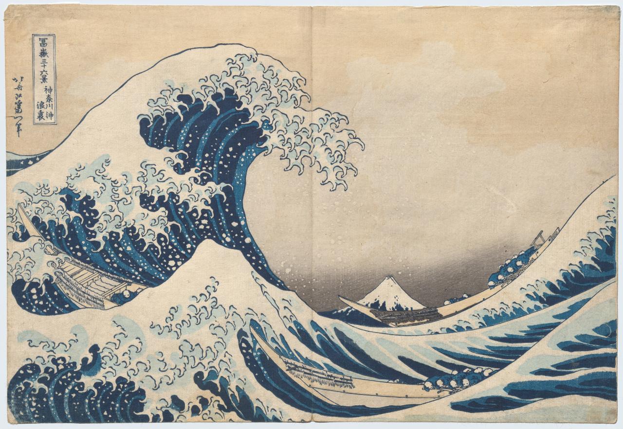 Katsushika HOKUSAI<br/>
<em>The great wave off Kanagawa</em> (c. 1830) <!-- (recto) --><br />
from the <i>Thirty-six views of Mt Fuji</i> series 1826-33<br />
colour woodblock<br />
25.7 x 37.7 cm (image and sheet)<br />
National Gallery of Victoria, Melbourne<br />
Felton Bequest, 1909<br />
426-2<br />

<!--22076-->