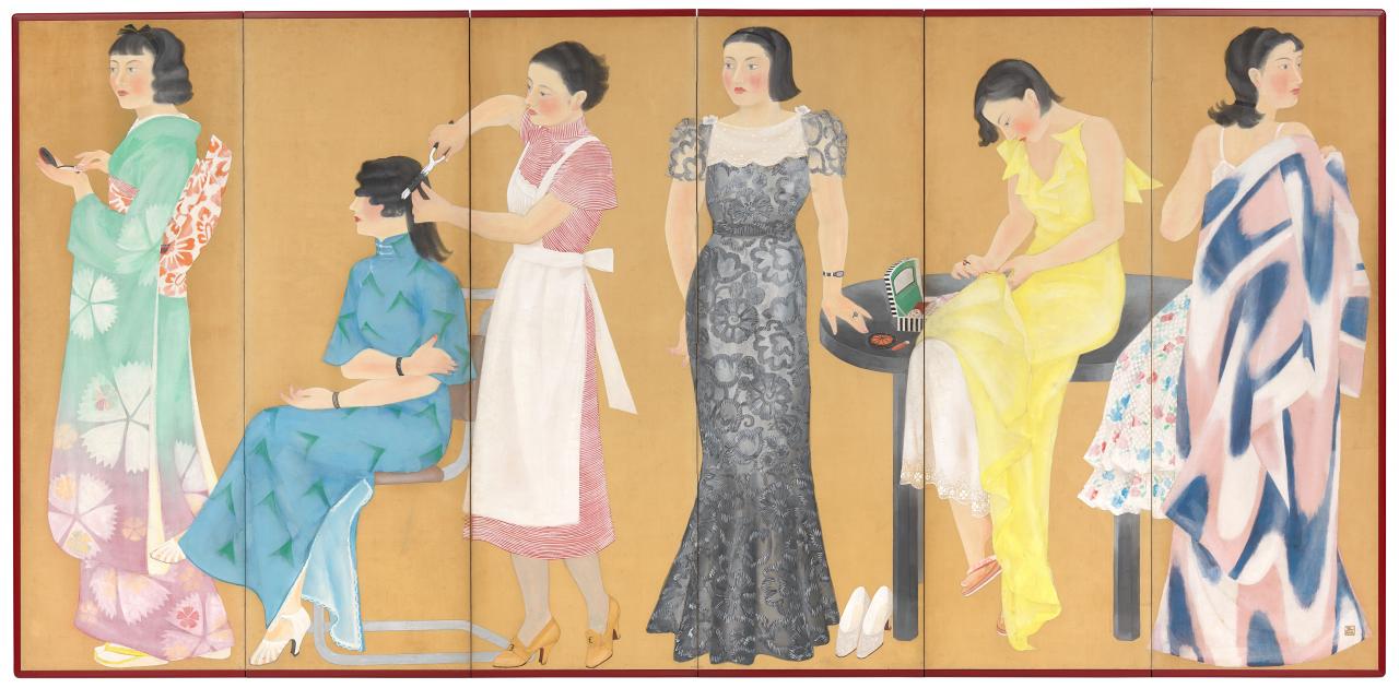 Taniguchi Fumie<br/>
<em>Preparing to go out</em> 1935 <!-- (front view) --><br />
<em>(Yosoou hitobito 粧ふ人々)</em><br />
six panel folding screen: ink, colour pigment on silk<br />
176.8 x 364.0 cm<br />
National Gallery of Victoria, Melbourne<br />
Purchased with funds from the Estate of Kevin and Eunice McDonald and NGV Foundation, 2019<br />
2019.21<br />
© Estate of Taniguchi Fumie
<!--135177-->