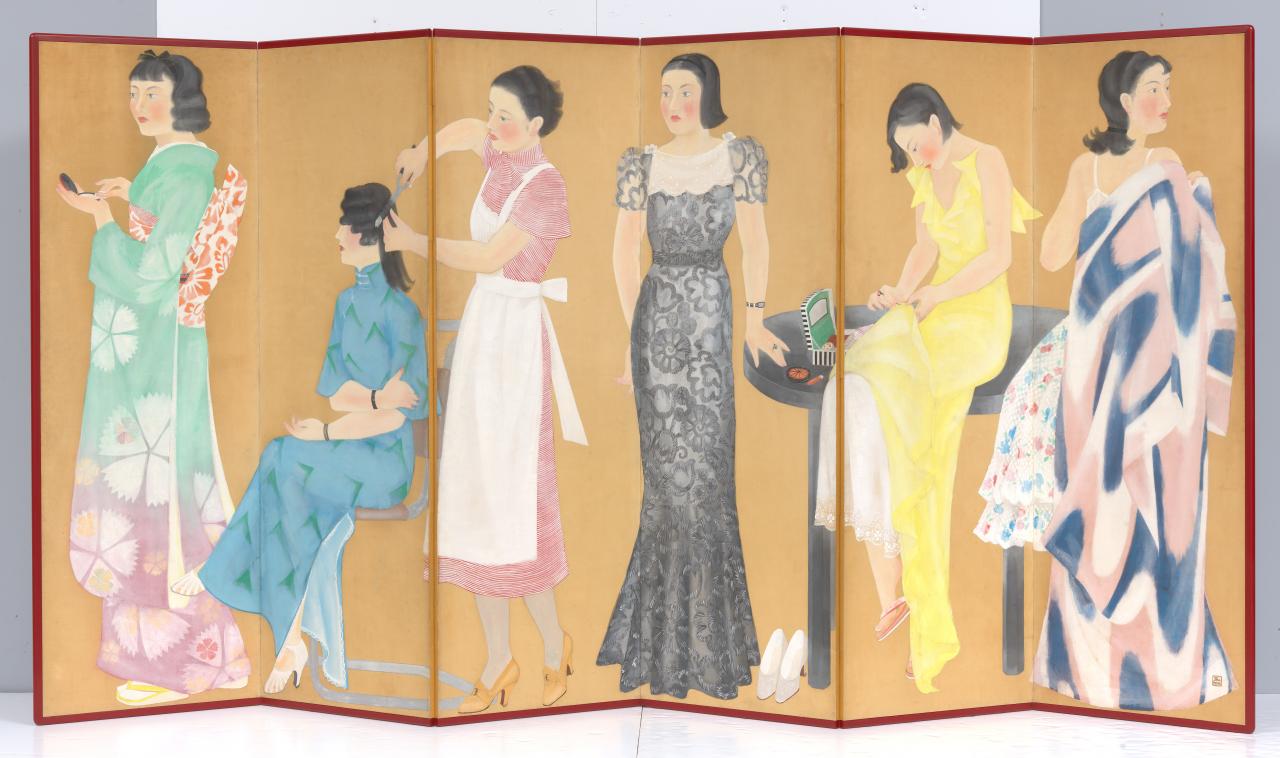 Taniguchi Fumie<br/>
<em>Preparing to go out</em> 1935 <!-- (front view) --><br />
<em>(Yosoou hitobito 粧ふ人々)</em><br />
six panel folding screen: ink, colour pigment on silk<br />
176.8 x 364.0 cm<br />
National Gallery of Victoria, Melbourne<br />
Purchased with funds from the Estate of Kevin and Eunice McDonald and NGV Foundation, 2019<br />
2019.21<br />
© Estate of Taniguchi Fumie
<!--135177-->