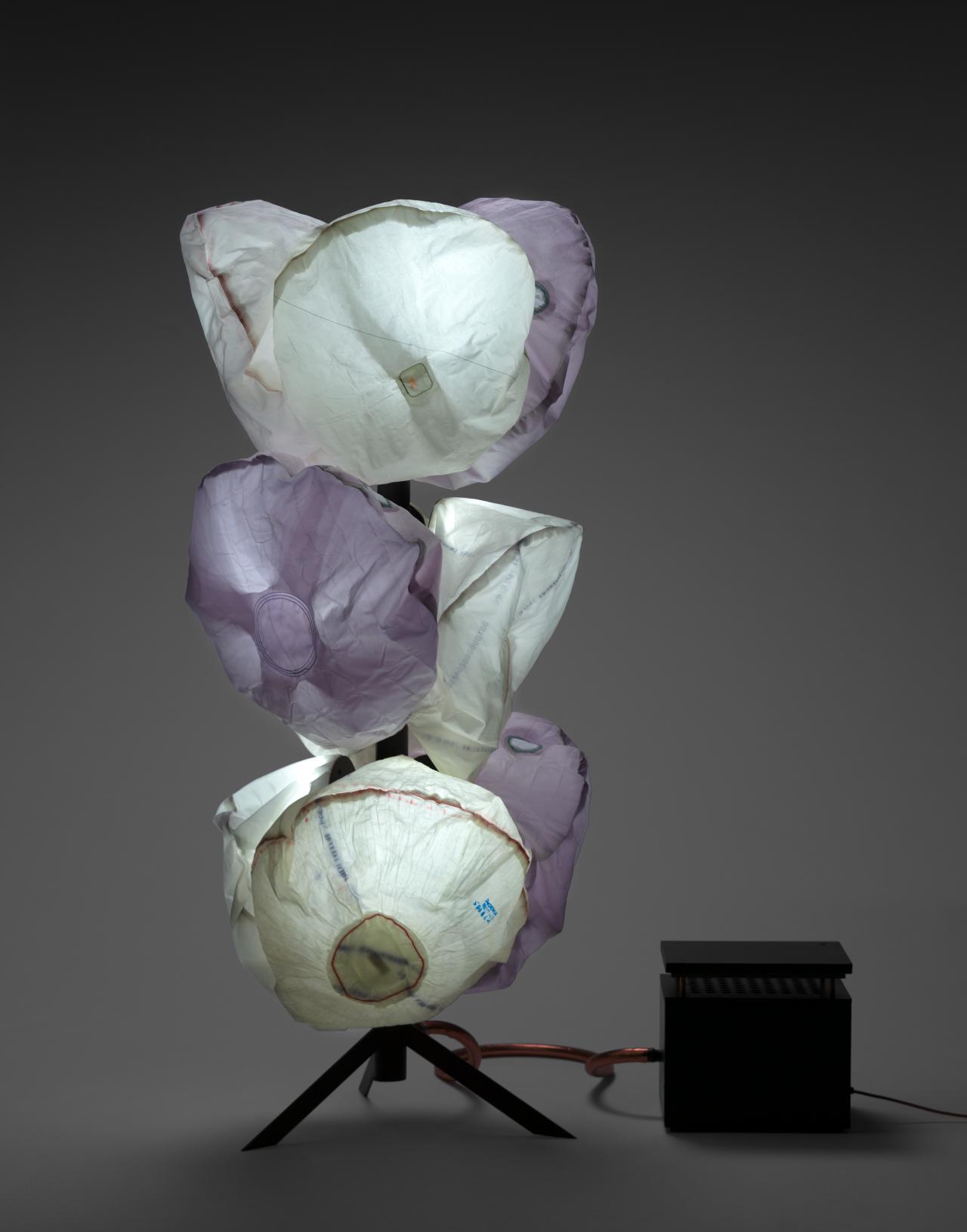 Jonathan BEN-TOVIM<br/>
<em>An ode to the airbag</em> (2019) <!-- (view 1) --><br />

driver airbags, steel, fan, LEDs, timer<br />
172.0 x 77.5 x 162.0 cm (variable) (overall)<br />
National Gallery of Victoria, Melbourne<br />
Purchased, Victorian Foundation for Living Australian Artists, 2019<br />
2019.865<br />
© Jonathan Ben-Tovim
<!--142468-->