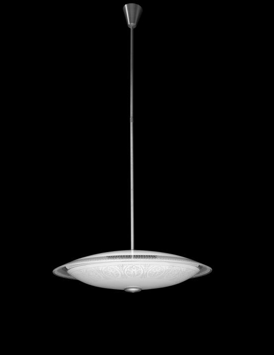 KEMPTHORNE, Melbourne (manufacturer)<br />
 Joyce COFFEY (designer)<br/>
<em>K3650 Filagree, pendant light</em> (c. 1964) <!-- (full view) --><br />

glass (enamel), aluminium, steel, plastic, cork, electrical components<br />
99.0 x 45.0 cm diameter<br />
National Gallery of Victoria, Melbourne<br />
Purchased NGV Foundation, 2019<br />
2019.288<br />

<!--139096-->