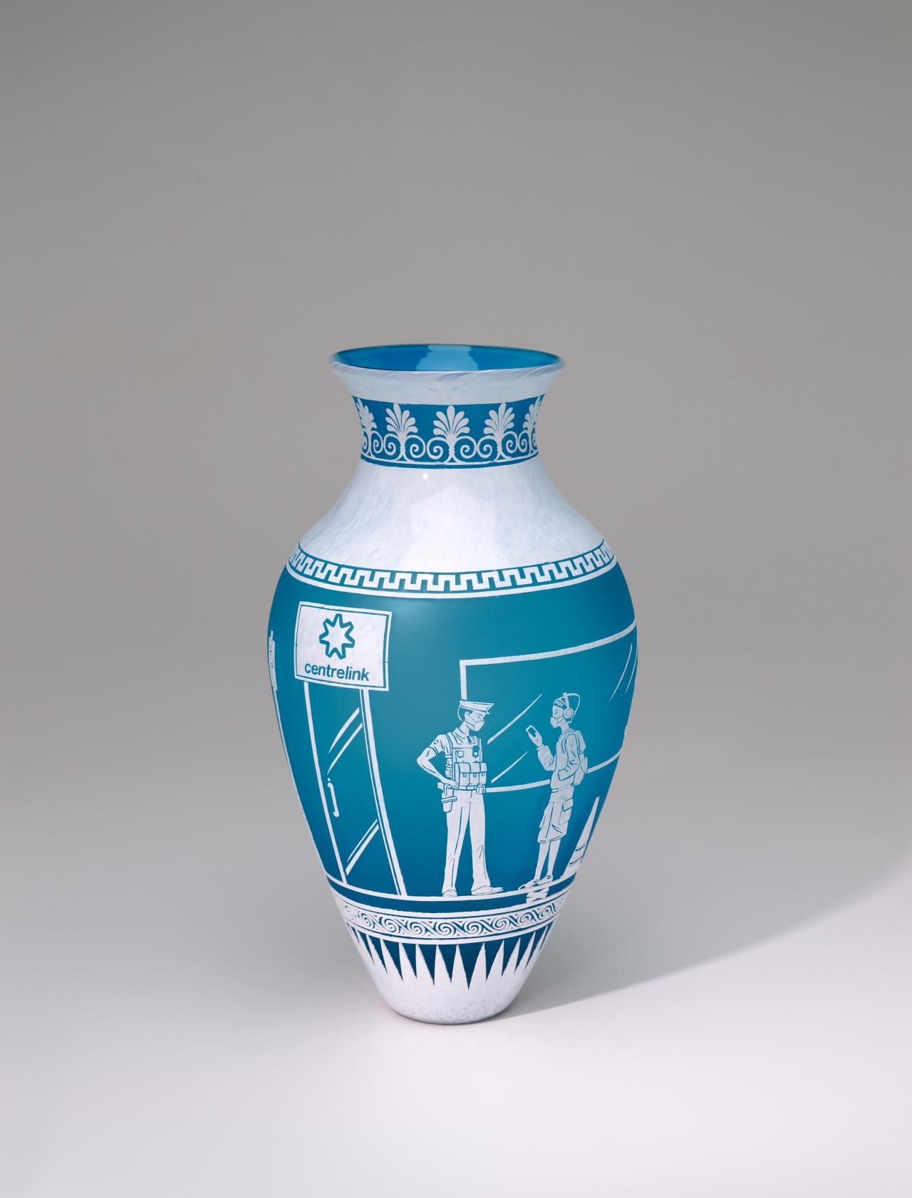 Jessica MURTAGH<br/>
<em>Modern relic IV: All in this together, apart</em> (2021) <!-- (1) --><br />

glass (sandblasted, engraved)<br />
41.6 x 22.8 cm diameter<br />
unique<br />
National Gallery of Victoria, Melbourne<br />
Purchased, Victorian Foundation For Living Artists, 2021<br />
2021.583<br />
&copy; Jessica Murtagh
<!--148029-->