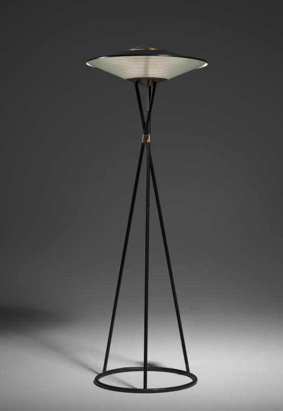 Joyce COFFEY (designer)<br />
 Selwyn COFFEY (designer)<br />
 KEMPTHORNE, Melbourne (manufacturer)<br/>
<em>Mandarin standard lamp</em> (c. 1957) <!-- (view 2) --><br />

glass (enamel), painted steel, aluminium (enamel), brass, electrical components<br />
160.0 x 56.0 cm diameter<br />
National Gallery of Victoria, Melbourne<br />
Purchased, NGV Foundation and NGV Supporters of Australian Art, 2021<br />
2021.306<br />

<!--146156-->